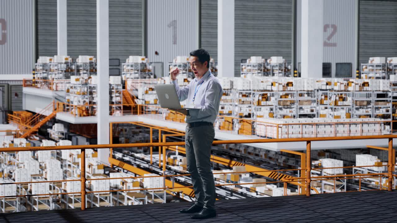vista lateral de todo el cuerpo feliz hombre de negocios asiático celebrando usando computadora portátil en el almacén