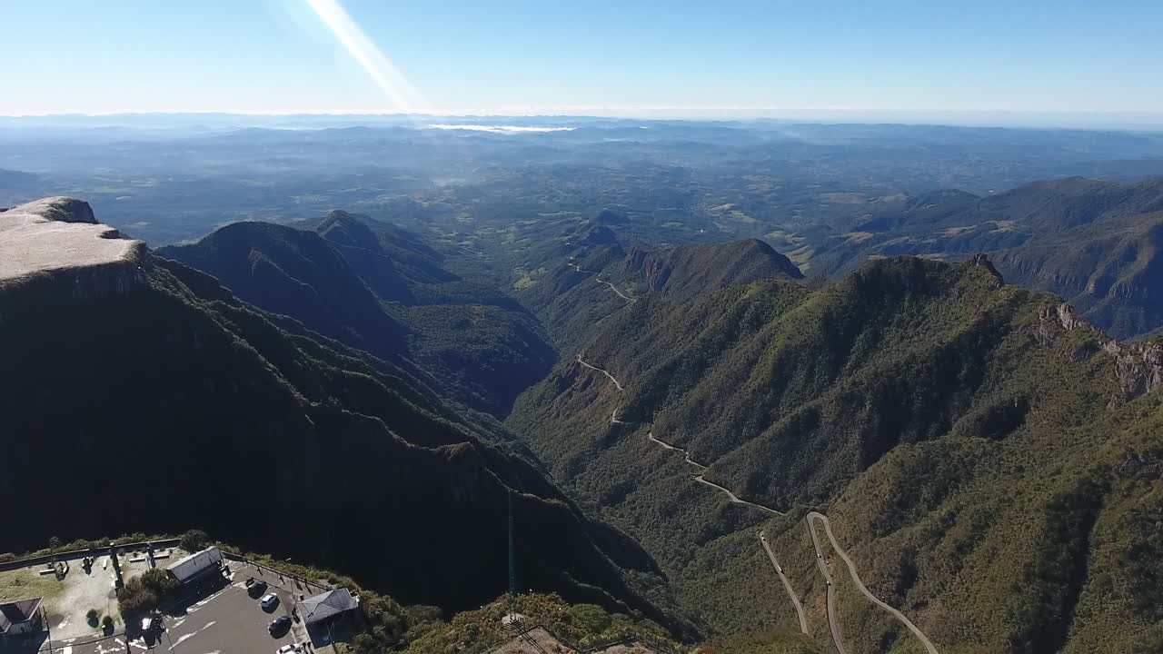 Serra do Rio do Rastro, Santa Catarina. Full scene of landscape showing the belvedere. coffee shop, cars and the road. Aerial scene in high altitude.