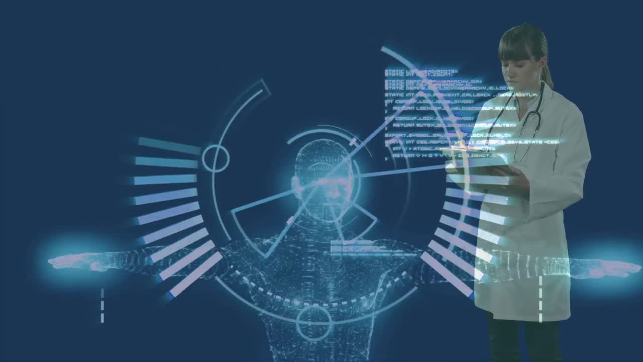 백그라운드에 있는 3d 인체 모델 위에 있는 종이 파일에 글을 쓰는 의사의 애니메이션입니다.