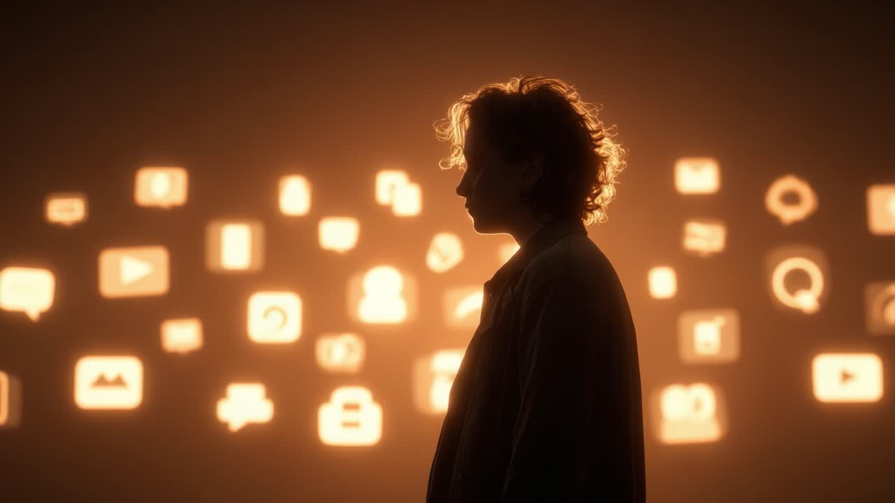 A Contemplative Figure in Silhouette Against a Backdrop of Digital Icons, Reflecting the Intersection of Technology and Human Emotion