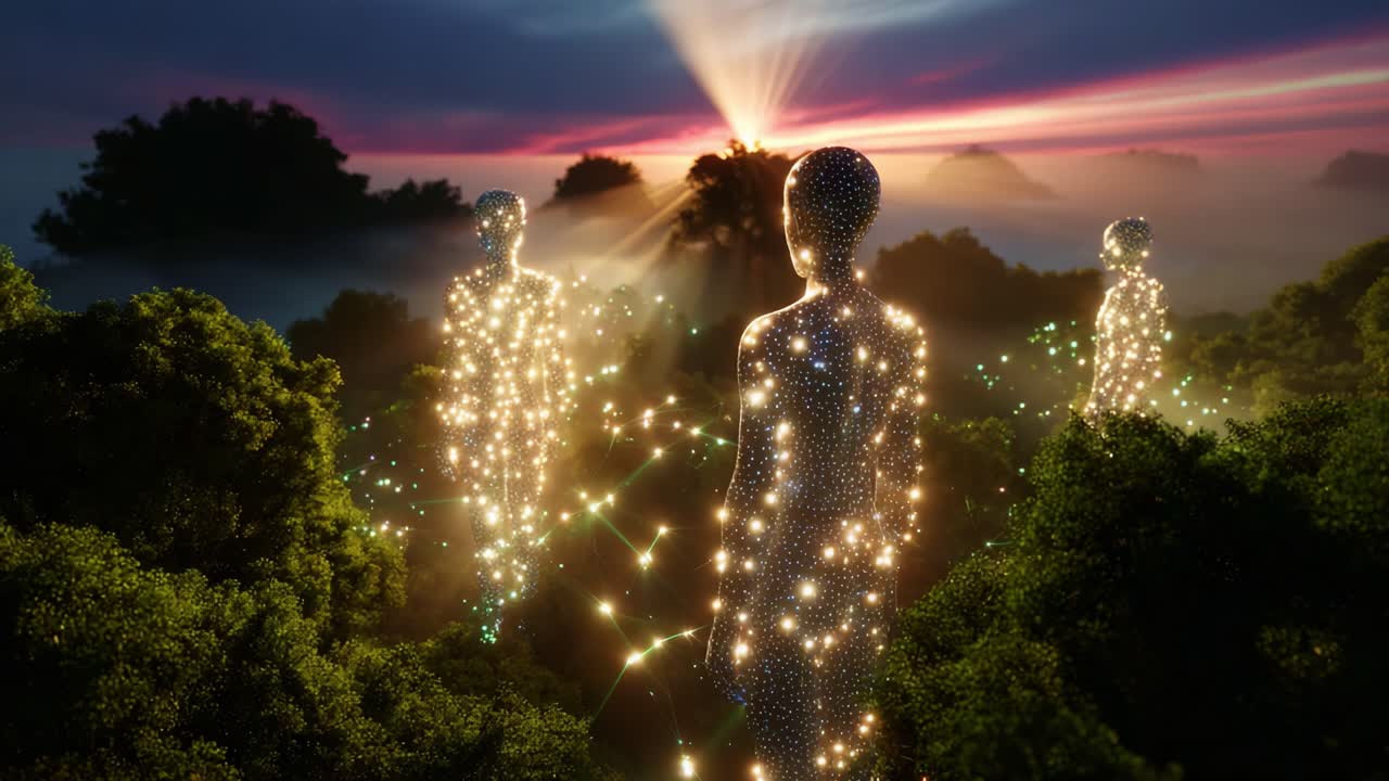 Transcendence in Nature: Ethereal Figures Illuminated by Radiant Light Crossing a Mystical Landscape at Dawn, Merging Reality and Fantasy in a Breathtaking Display of Serenity and Beauty