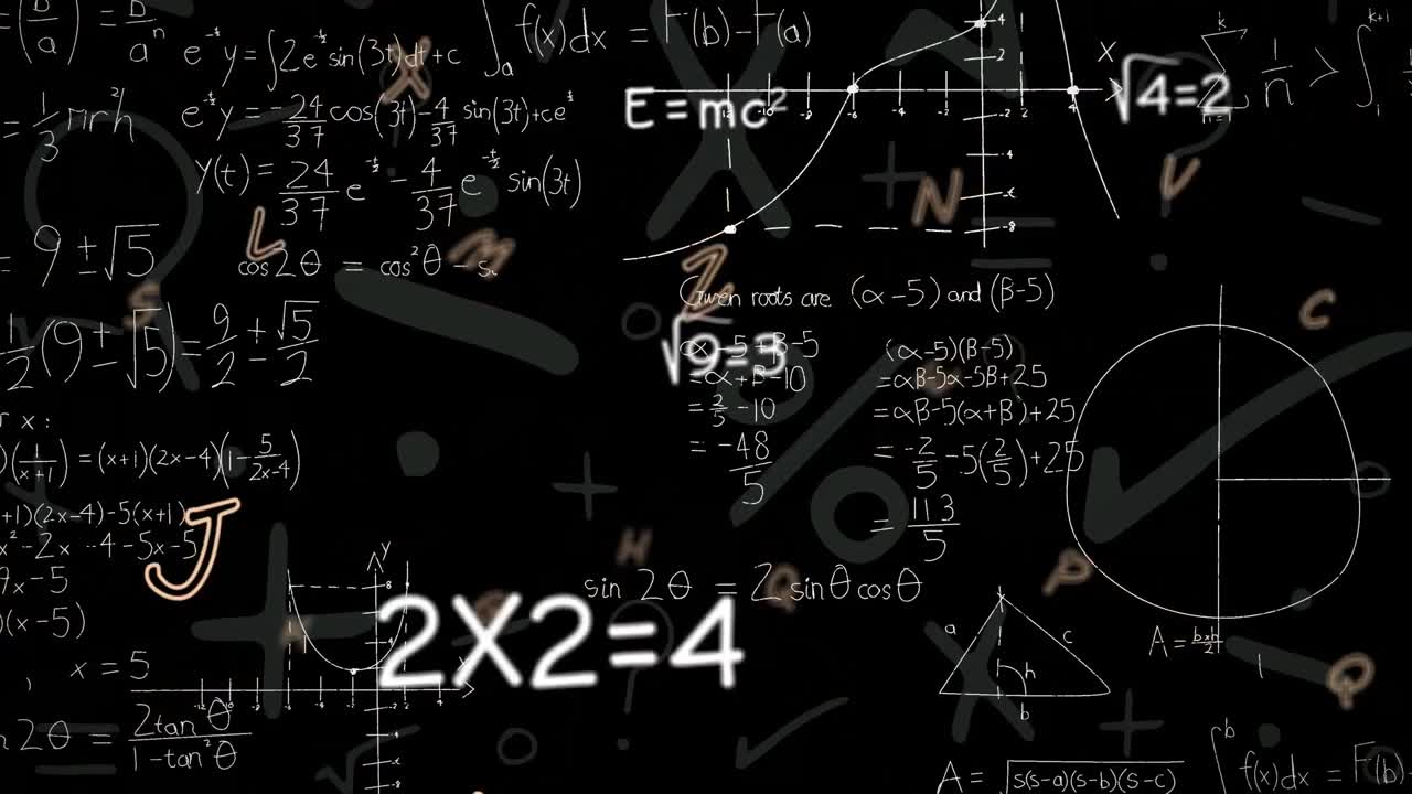 Animation of moving mathematical formulas on dark background