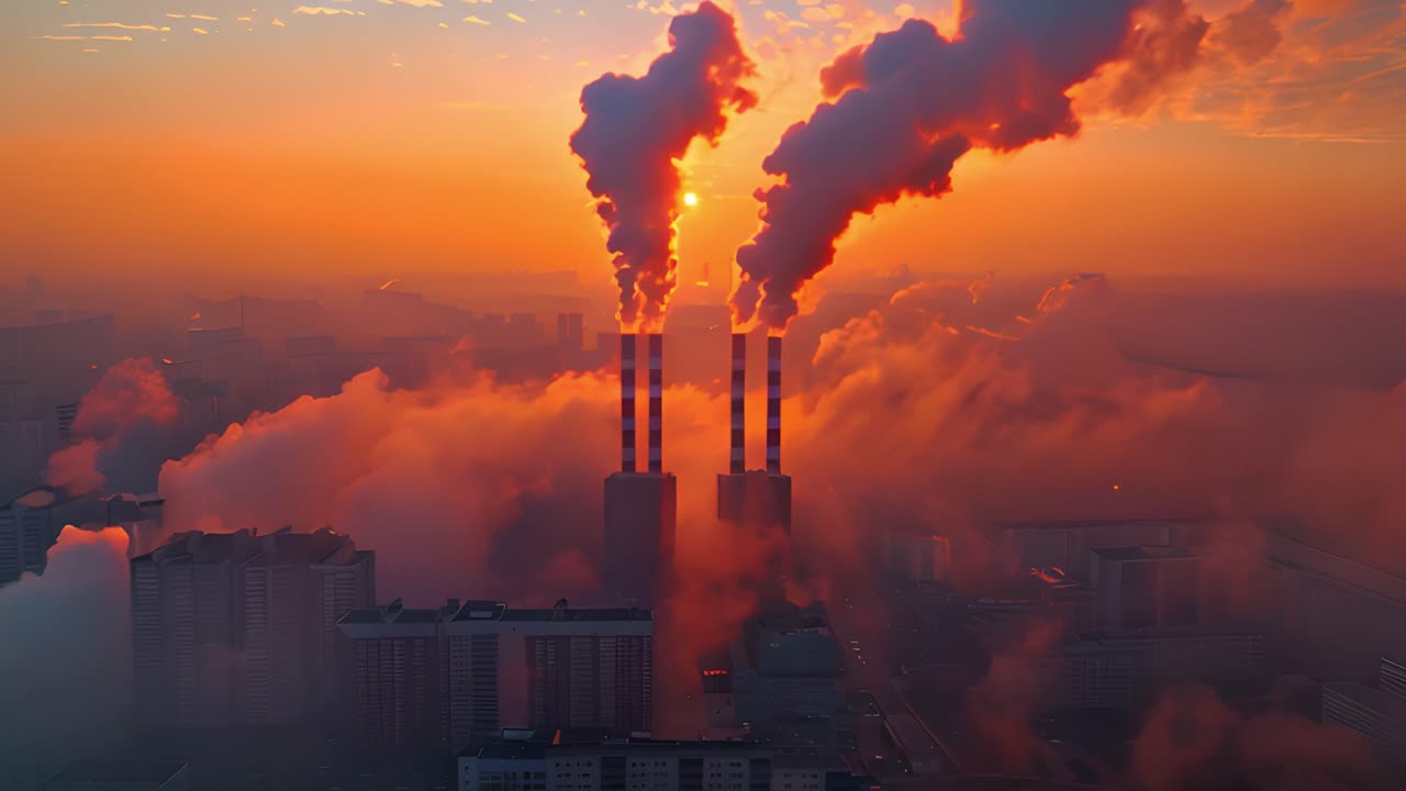 Industrial Smokestacks Emitting Pollution Over City at Sunset