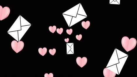 Animation-of-hearts-and-emails-over-black-background