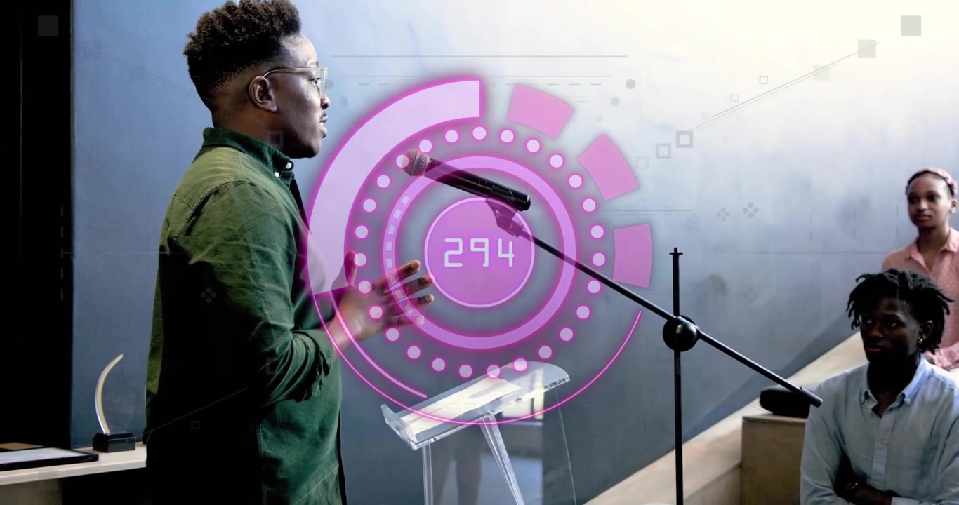 Man approaching acrylic podium and initiating hologram cycle for business briefing with colleagues