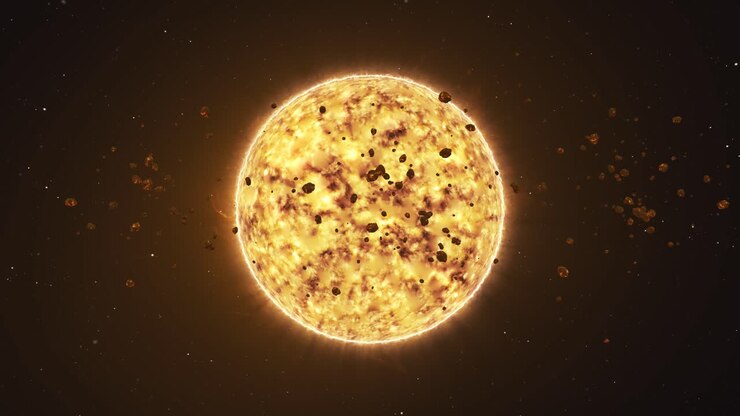 3D animation of the sun, solar flares, dynamic surface, and drifting meteor space debris