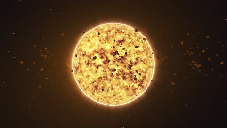 3D-Animation-Der-Sonne,-Sonneneruptionen,-Dynamischer-Oberfläche-Und-Treibendem-Meteoriten-Weltraummüll