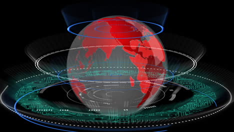 animación de un globo giratorio sobre círculos con circuitos integrados y fondo negro