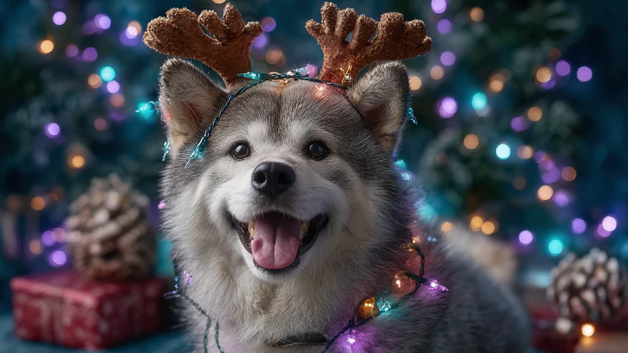 A Joyful Dog Dressed in Festive Antlers with Colorful Lights, Surrounded by Holiday Decorations and Sparkling Cheer in a Winter Wonderland Setting