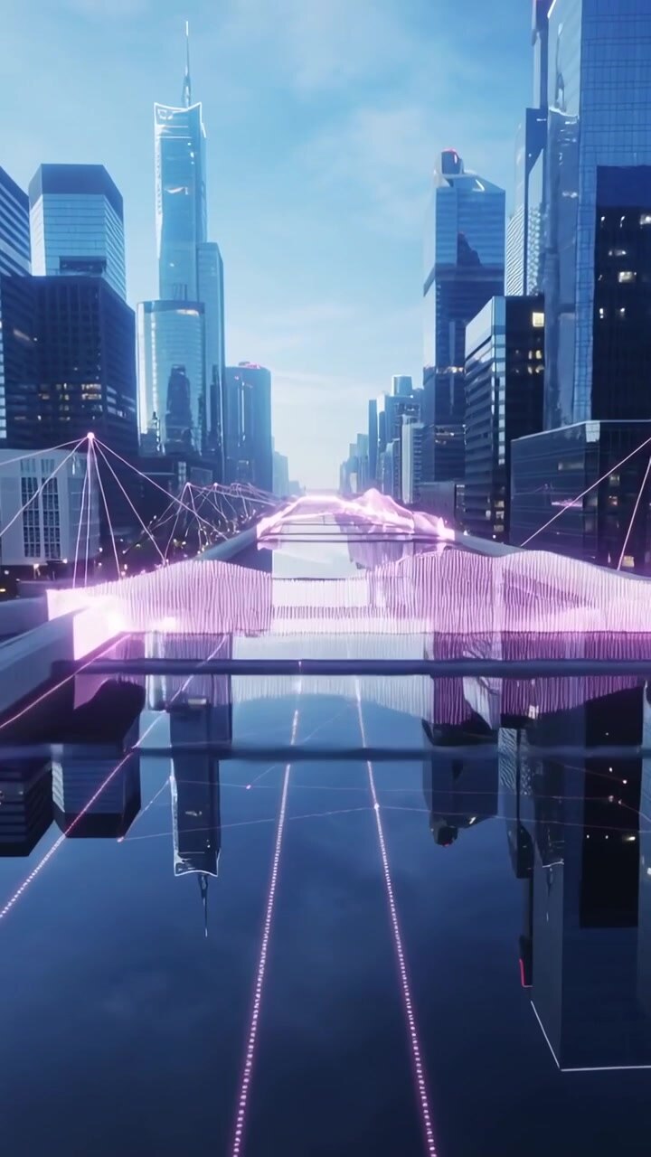 Vertical video: Brightening magenta ribbon forming holo mesh over bridge and canal, joining towers