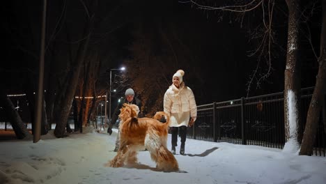couple playing with their dog in the snow at night