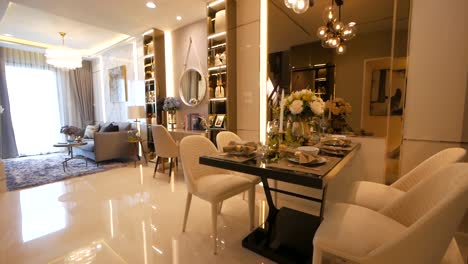 modern and luxurious apartment decoration walkthrough from the dining area to the living area