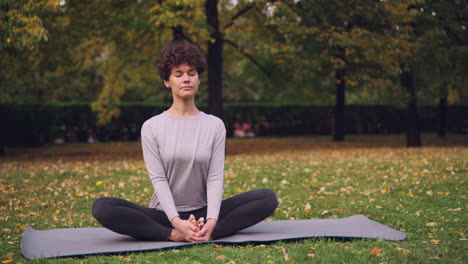 woman practicing yoga in a park during autumn