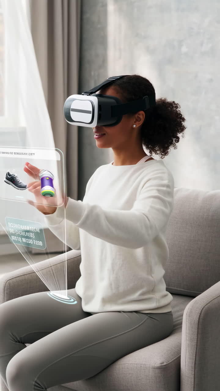 Young Woman Experiencing Virtual Reality and Interacting with Digital Content at Home