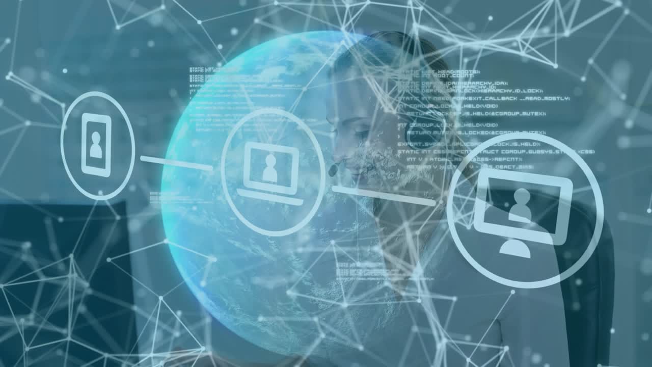 Animation of network of connections with icons over businesswoman