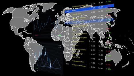 animación del procesamiento de datos financieros sobre el mapa del mundo