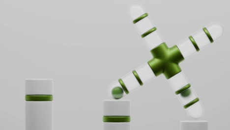 diseño geométrico abstracto con cilindros verdes y blancos y una cruz
