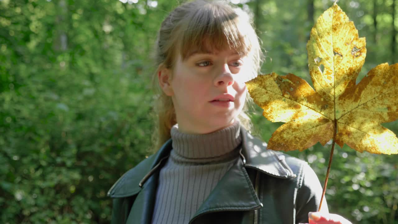 소녀는 빛이 비치는 숲에서 금 잎을 쳐다보며 놀라게 쳐다본다.