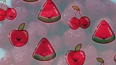 Animation-of-illustration-with-fruit-over-fresh-raspberries