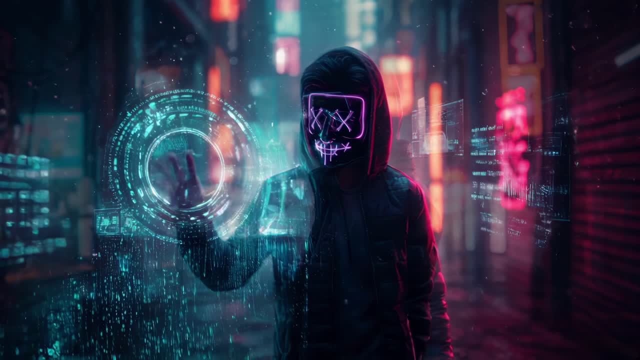 Mysterious figure in a neon-lit urban setting during nighttime captures the essence of modern digital culture