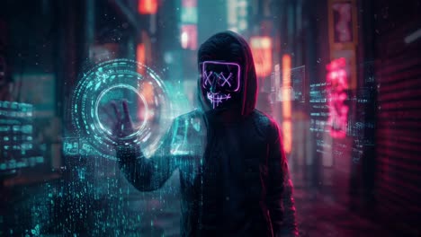 mysterious figure in a neon-lit urban setting during nighttime captures the essence of modern digital culture