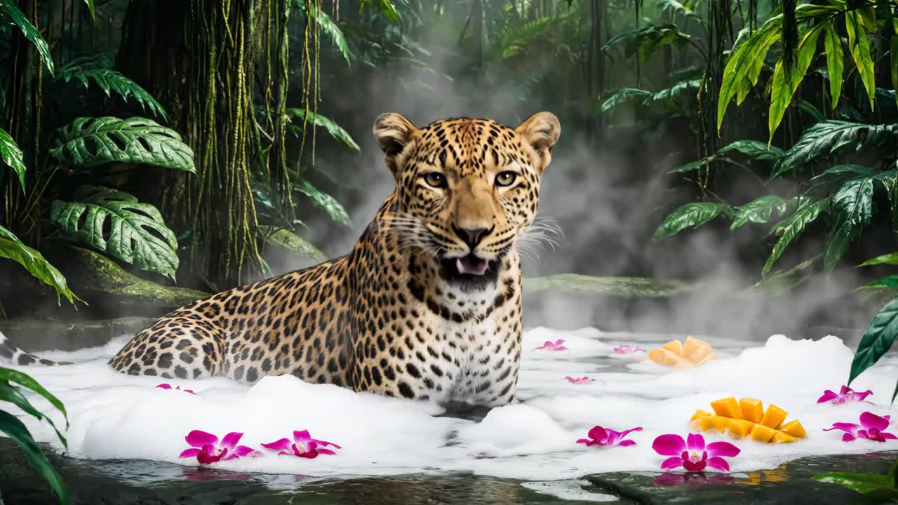 Leopard Relaxing in a Tropical Bubble Bath