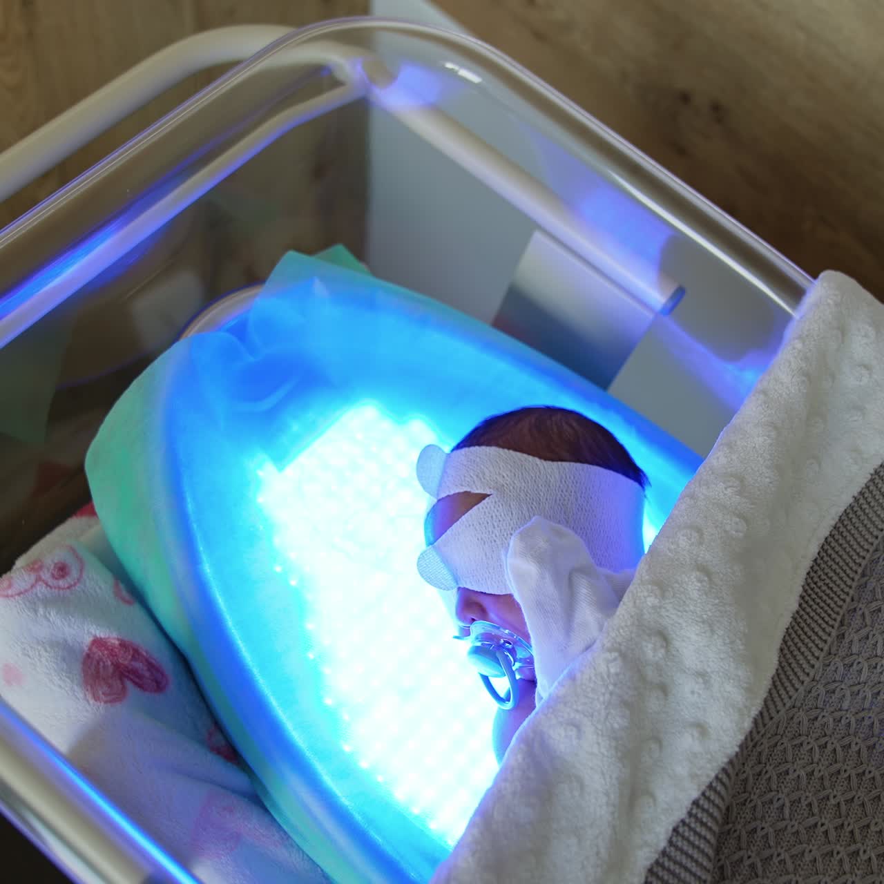 High bilirubin treatment for a newborn child. Tiny baby lies on a ultraviolet lamp in a crib covered with blanket. Top view