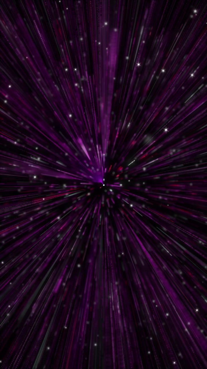 Magenta hyperspace starburst motion visual with purple light beams glitter particles radial zoom and