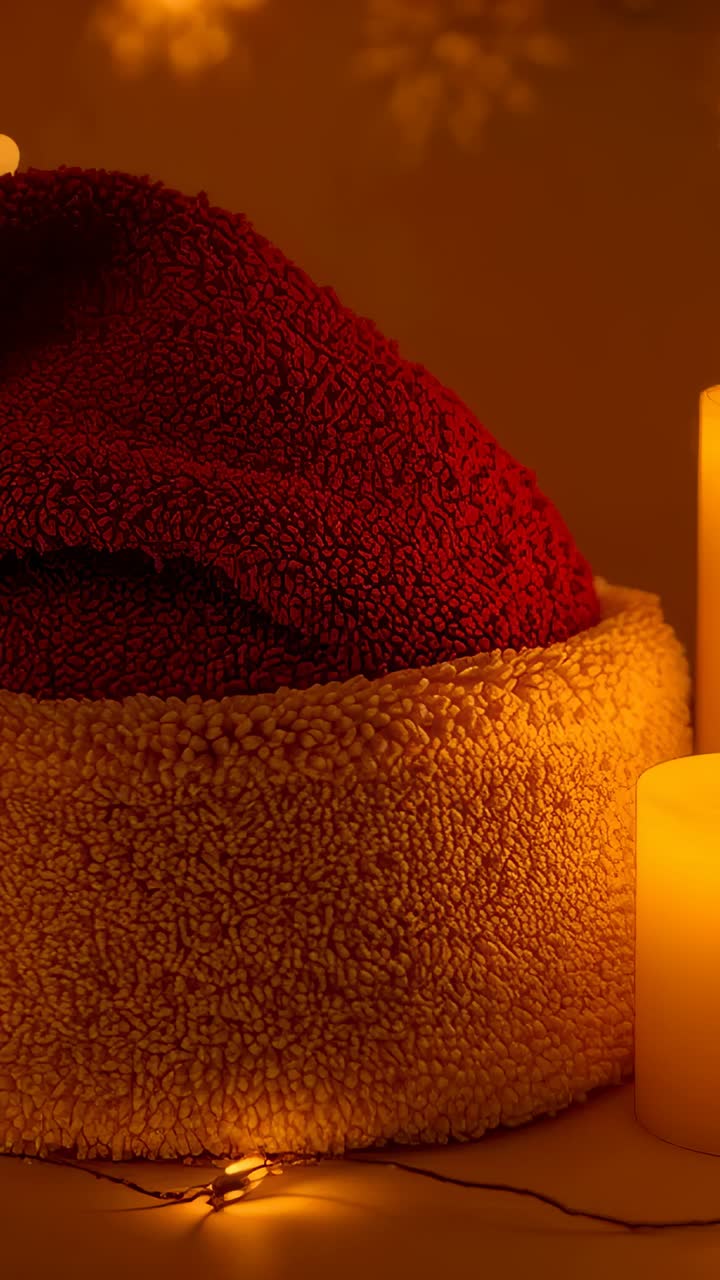 Vertical video: Shifting candle and lights casting warm glow across sherpa bed, red throw, cozy
