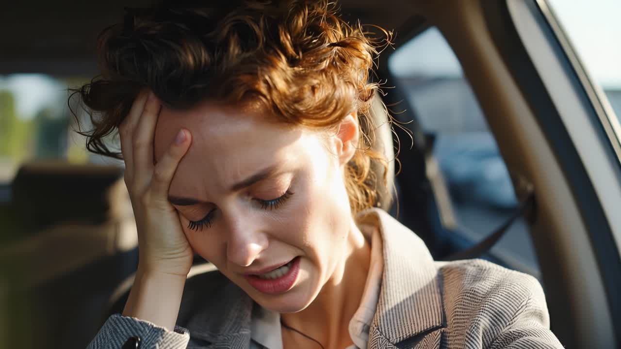 Mujer sentada en un coche, con la cabeza entre las manos y los ojos cerrados. La luz del sol ilumina su rostro, suave y cálida. Parece cansada, estresada o emocionalmente abrumada. Con la cabeza inclinada hacia arriba, mira hacia lo alto, posiblemente pensativa.
