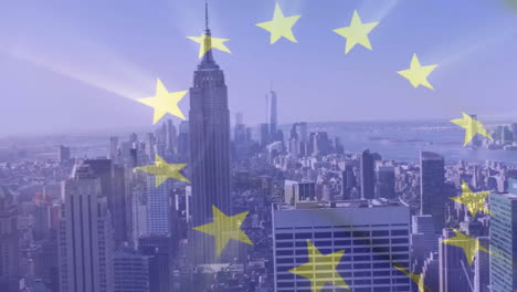 animation of flag of european union and cityscape