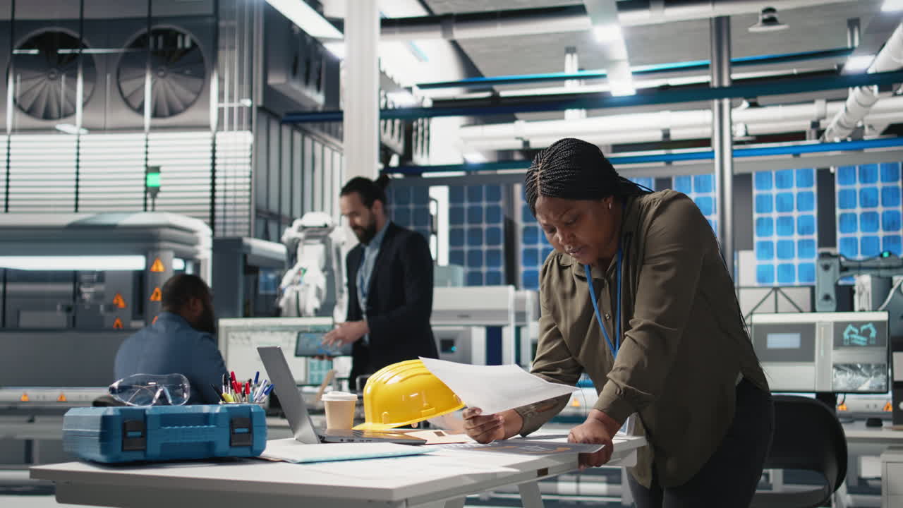 Engineers working in a modern manufacturing factory