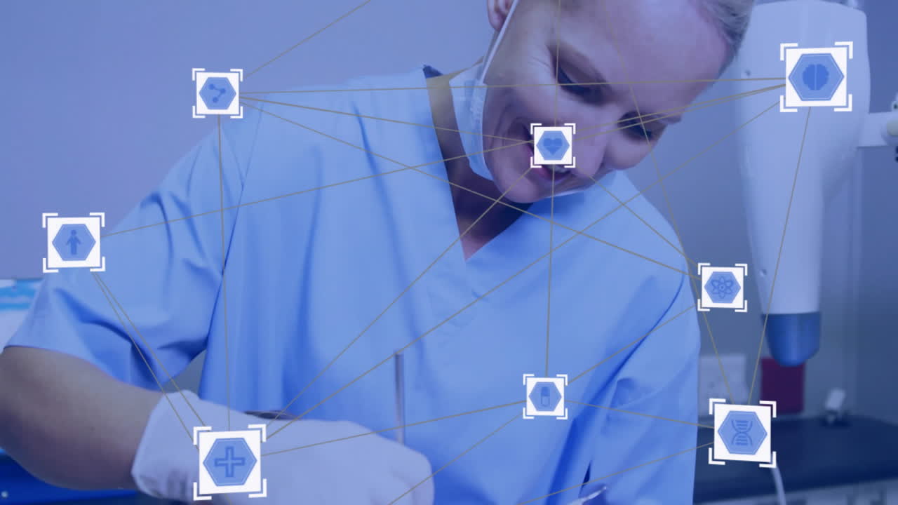 Medical icons and network connections animation over healthcare professional working