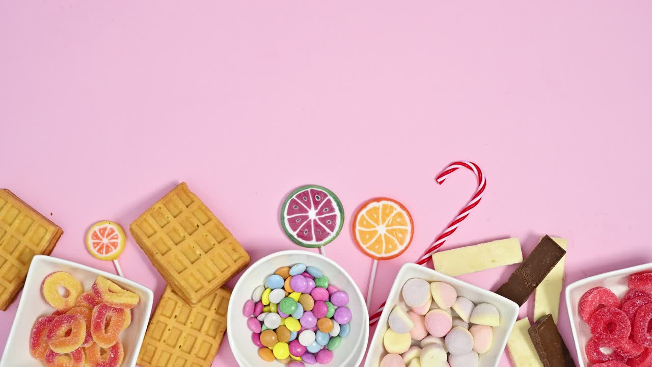 postres dulces, caramelos de goma y chocolate y piruletas aparecen en la parte inferior del fondo rosa pastel. stop motion animación plana