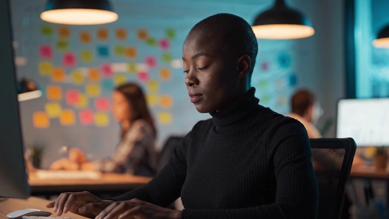Focused Professional Working in an Office Environment Surrounded by Colorful Notes and Colleagues, Engaging in Productive Activities During Late Hours