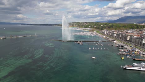 Drone-footage-over-the-central-city-and-lake-area-of-Geneva,-Switzerland