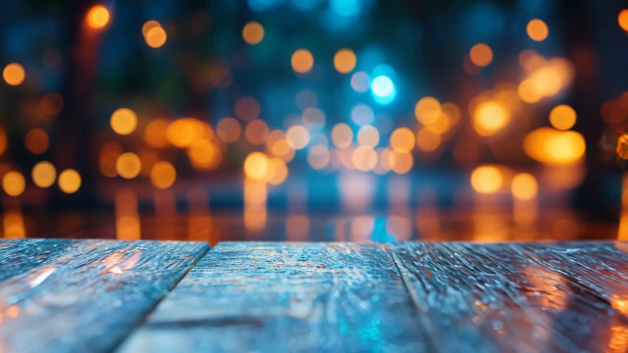 A wooden table with a blue background and lights in the background. The lights are scattered and create a warm and cozy atmosphere