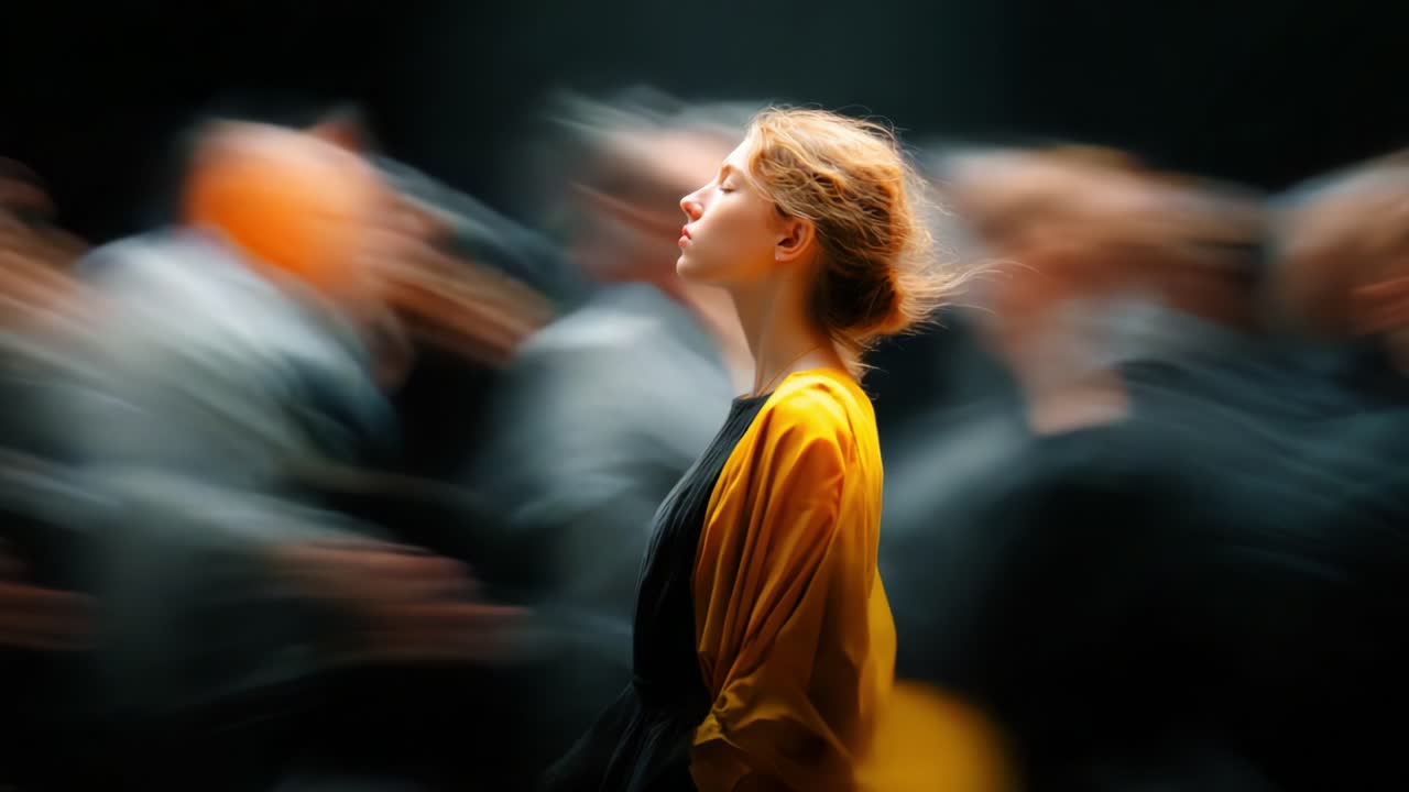 A young woman stands in serene focus amidst a whirlwind of movement and blurred figures, symbolizing tranquility and contemplation in a chaotic environment