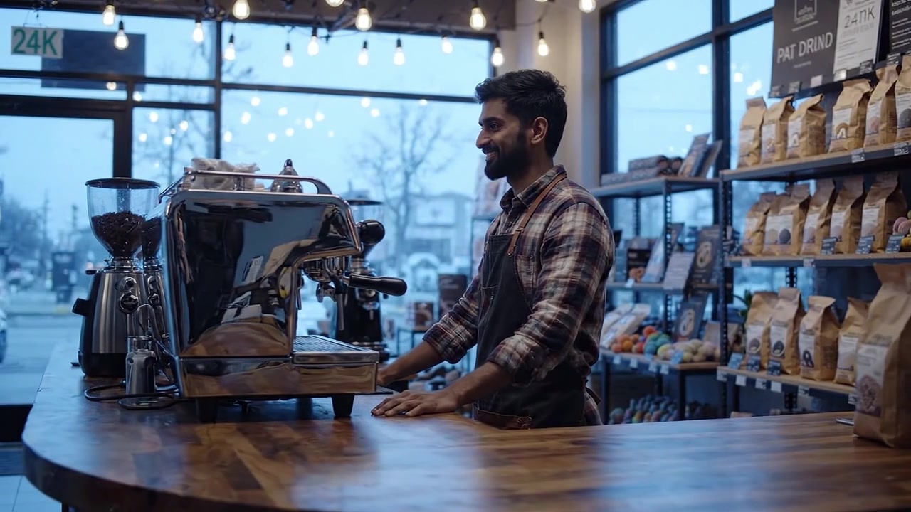 Barista at Espresso Machine in Cozy Coffee Shop with Artisan Products and Warm Ambient Lighting, Capturing the Joy of Crafting Perfect Coffee Drinks