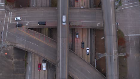 Birds-eye-view-of-cars-on-59-South-freeway-in-Houston,-Texas