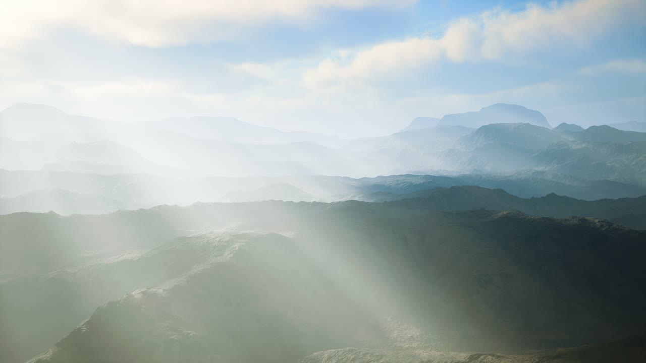 빛의 광선과 함께 공중 화산 사막 풍경
