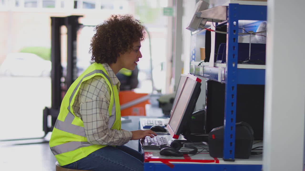 Female Worker Using Computer Terminal In Logistics Distribution Warehouse
