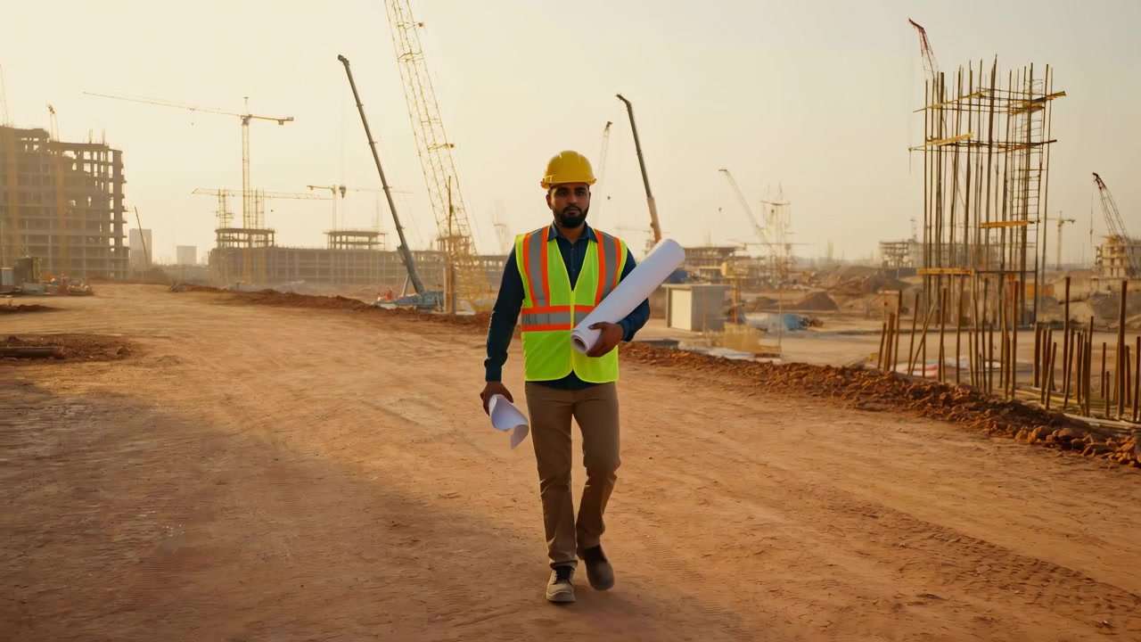 Adult worker advances along wide dirt road through construction area as warm low-angle sunlight highlights safety gear, exposed steel reinforcement, cranes, and unfinished building frames.