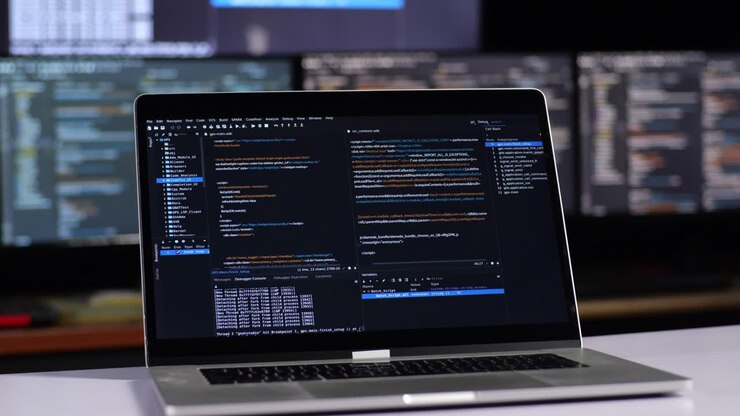 Laptop zeigt Code auf mehreren Monitoren an
