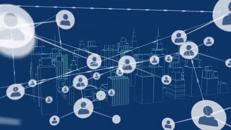 animation of profile icons interconnecting with lines, 3d model of cityscape over blue background