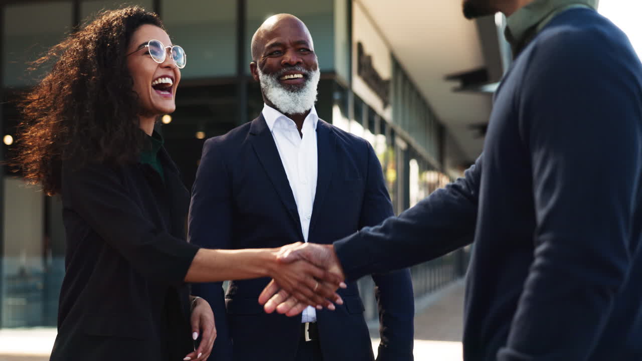 Handshake, welcome and happy business people