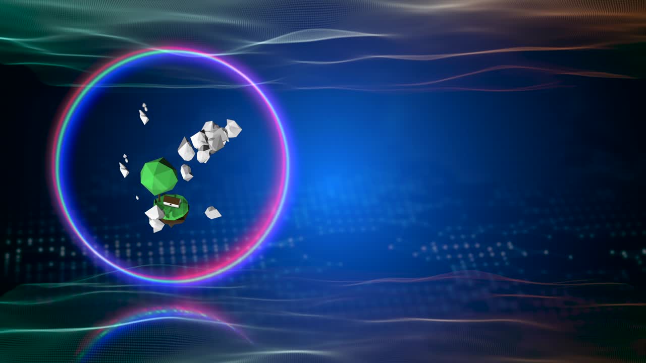 3d abstract low poly object inside a neon light ring over extraterrestrial virtual space.