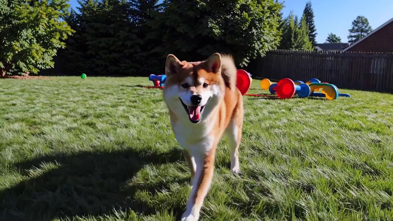 Cane Shiba Inu felice che cammina e ansima in un cortile soleggiato