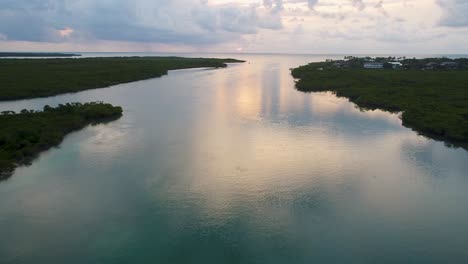 A-low-flying-drone-shot-over-the-clear-blue-water-cutting-through-the-unique-mangrove-environment-during-sunrise,-near-Islamorada-of-the-Florida-Keys,-USA