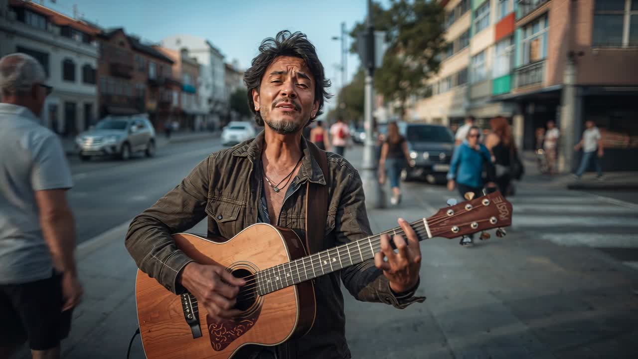 Video verticale: Musicista in giacca che canta e suona la chitarra acustica, esibendosi per strada